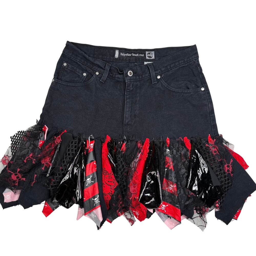 Custom Y2K Black Denim Mini Skirt Red & Black Shredded Tutu Hem Goth Punk 30''